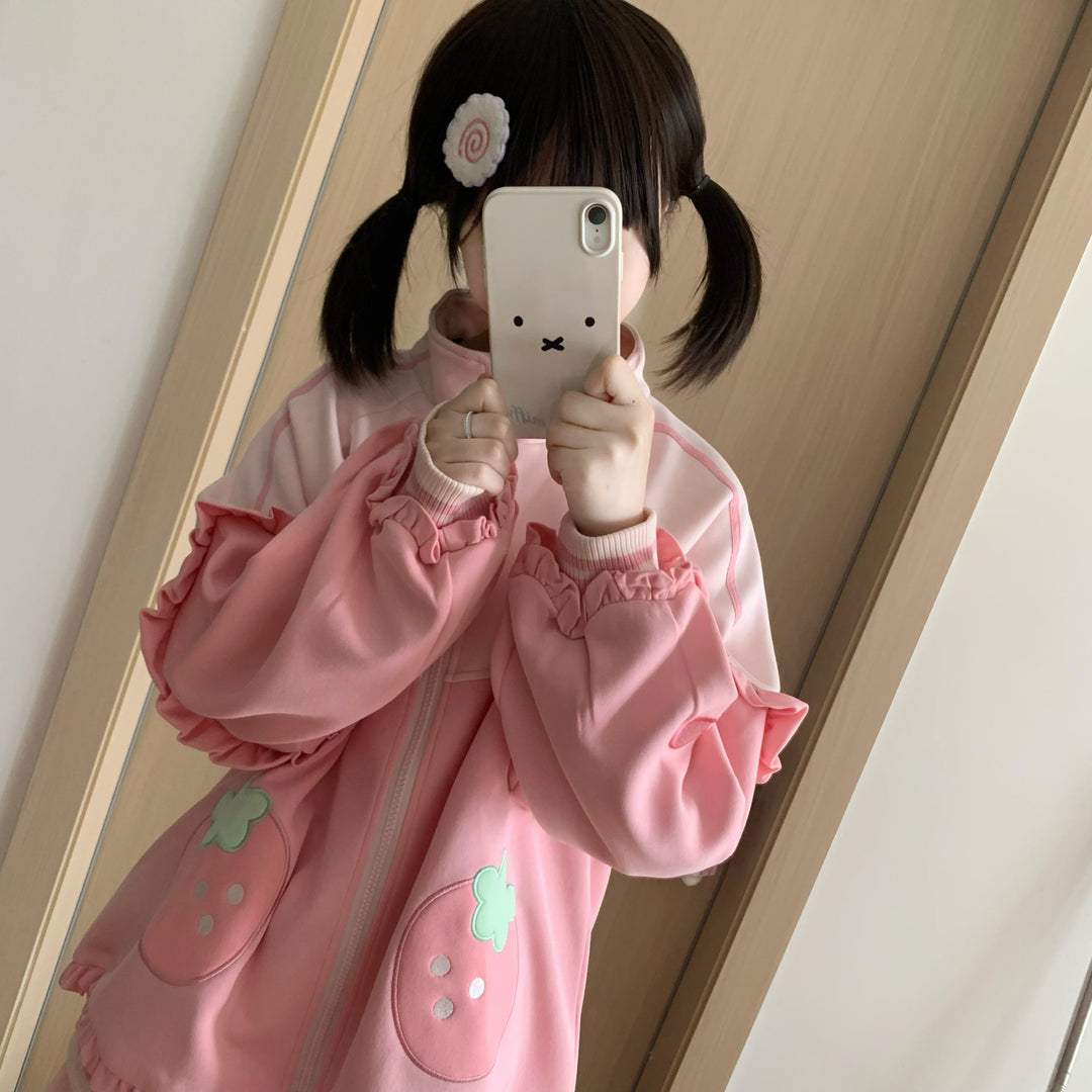 Kawaii Pink Coat and Shorts Set with Strawberry Embroidery 42703:751176