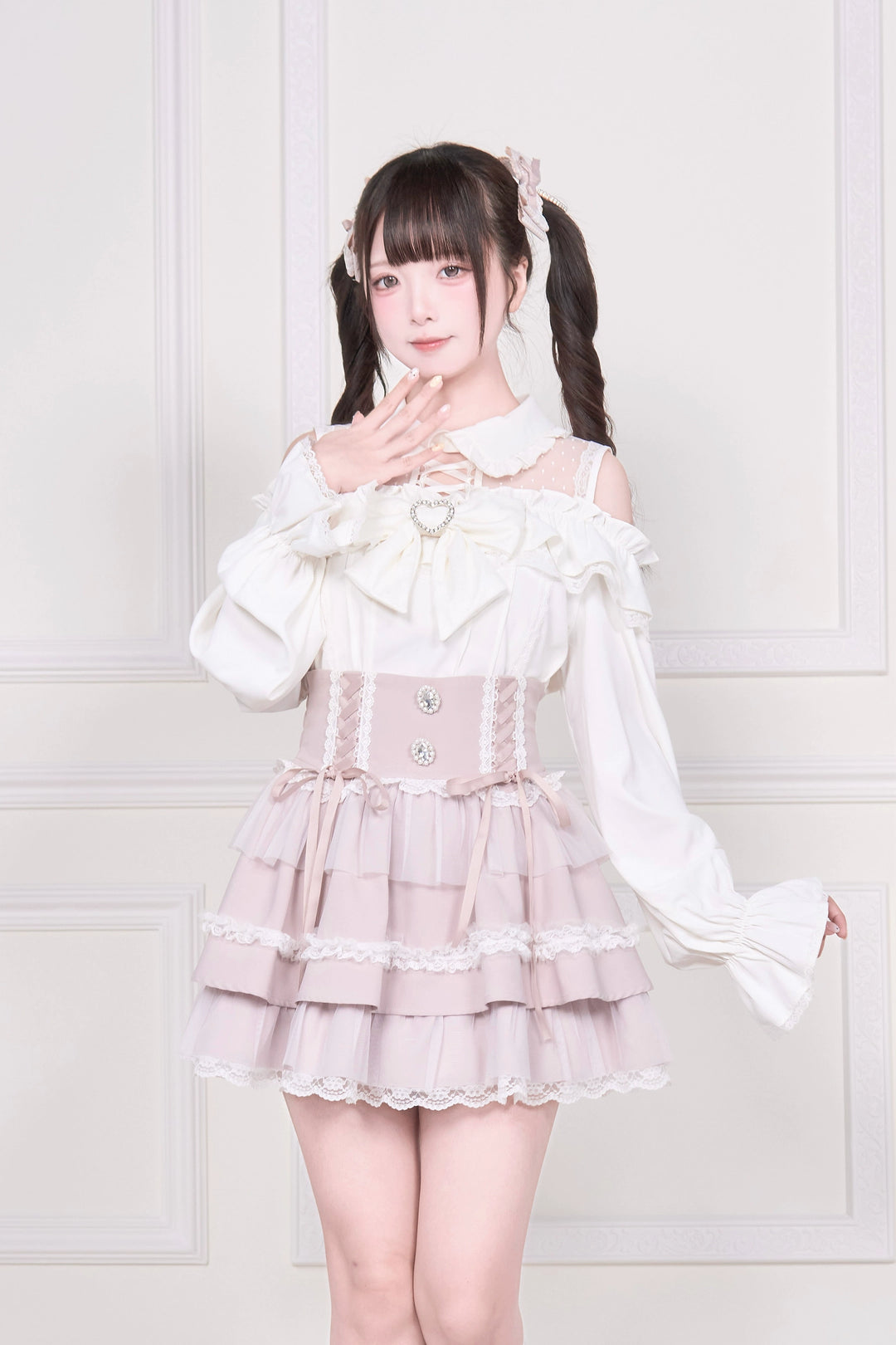 Sheer Open Shoulder Jirai Kei Blouse, Chest Flounce Hem 43682:782678
