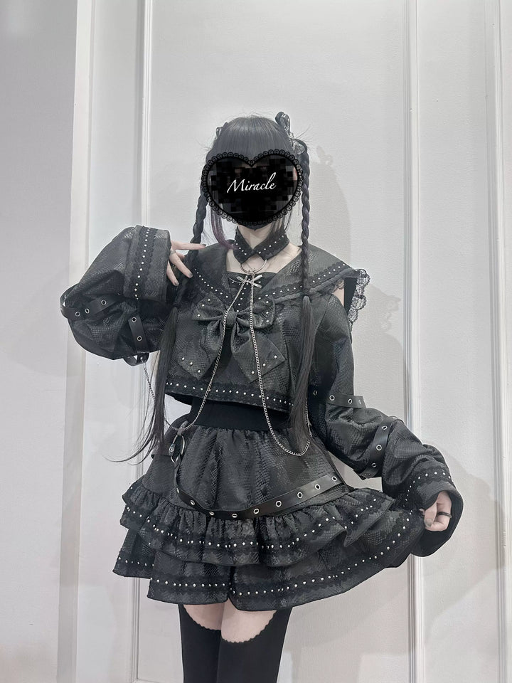 Subculture Black Top & Skirt Set, Snakeskin-Like Style 44771:827677