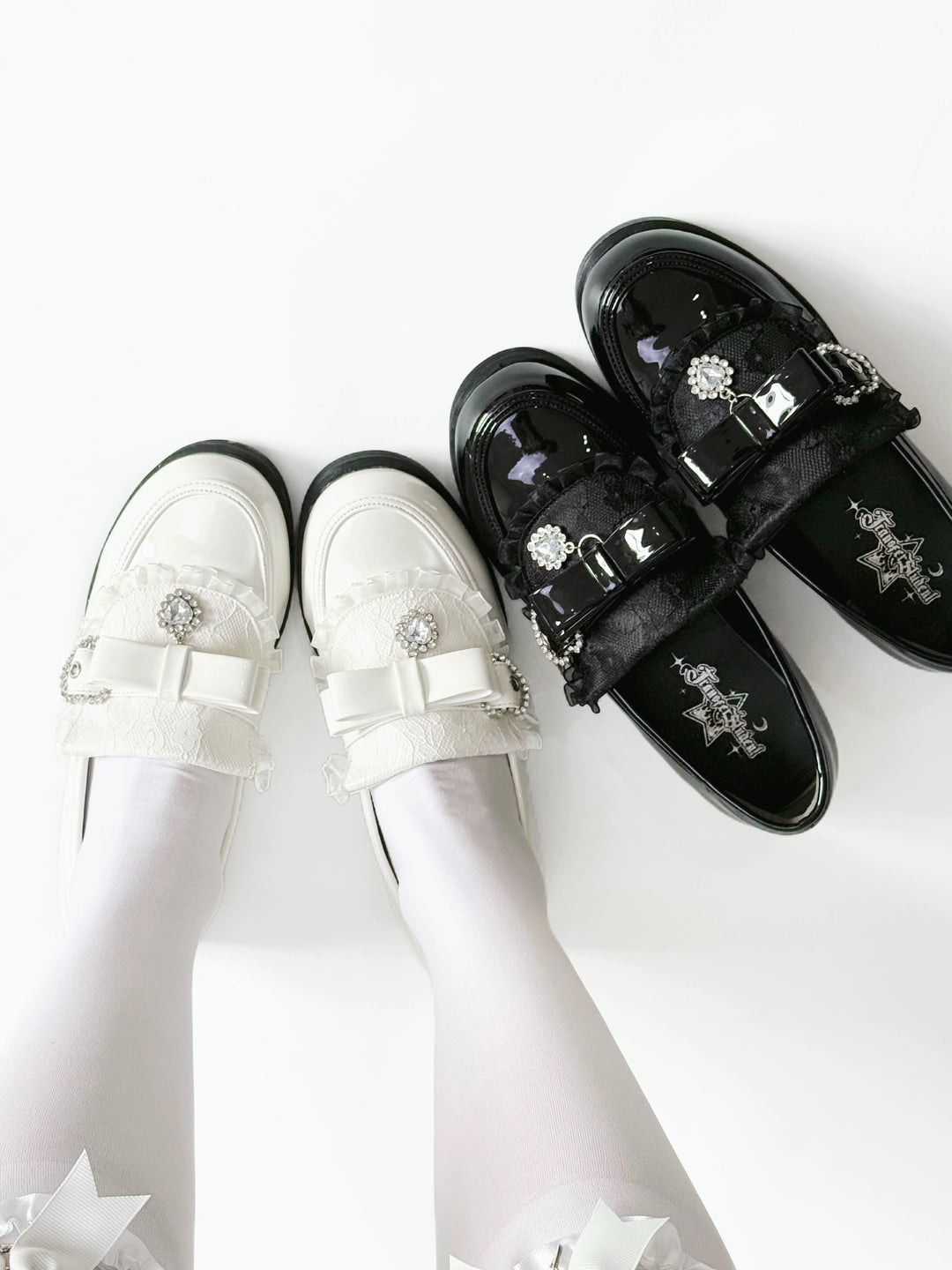 Jirai Kei Low-Heel Loafer Shoes, Rhinestones & Bow 43944:790322