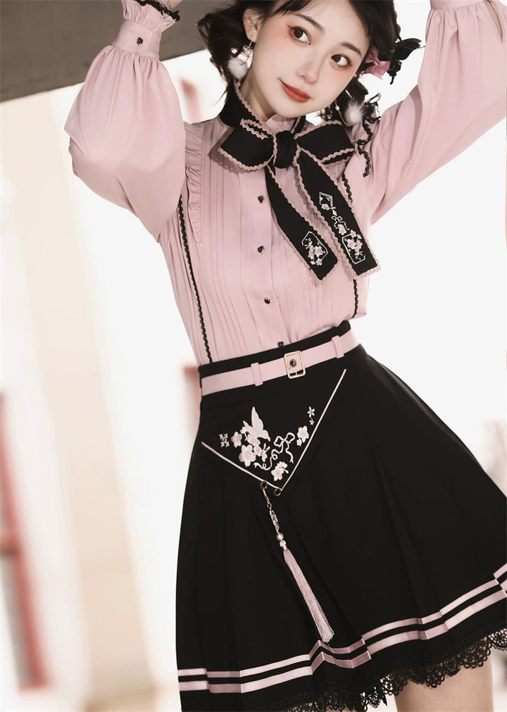 Pink Jirai Kei Blouse Black Skirt Chinese Hanfu Two-piece Set 22036:362418