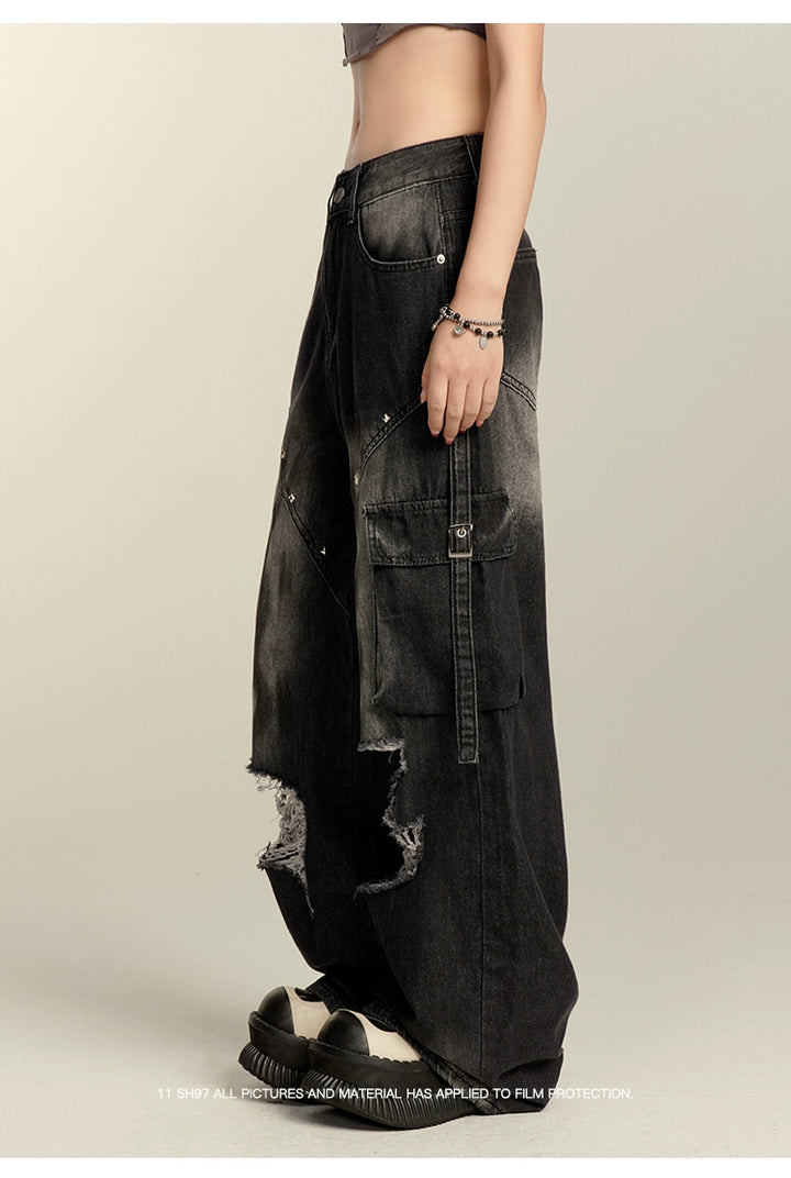 Punk Pants Black Straight Wide Leg Ripped Jeans Autumn 39760:642194