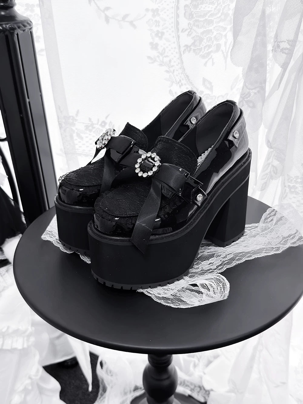 Jirai Kei Platform Loafer Heels, Lace Tulle & Rhinestone 46106:875232