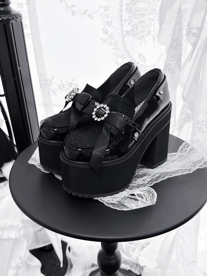 Jirai Kei Platform Loafer Heels, Lace Tulle & Rhinestone 46106:875232
