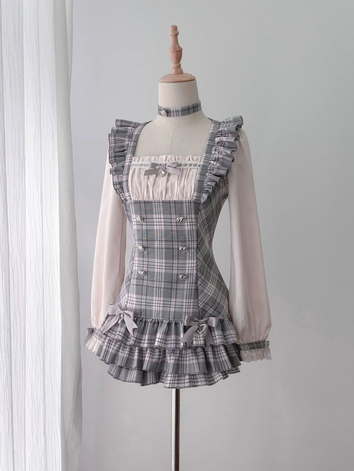 Ryousangata Pink Grey Plaid Dress Set with Choker (L M S) 46077:874938