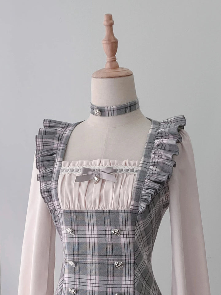 Ryousangata Pink Grey Plaid Dress Set with Choker 46077:874947