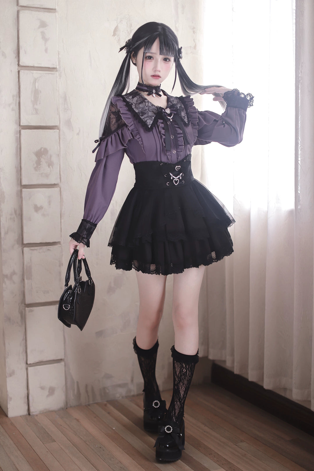 Jirai Kei Tiered Tuffles Skirt, Elastic High-Waist 44587:814613