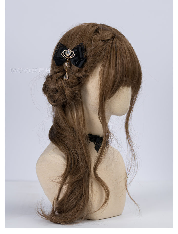 Jirai Kei Bow Hair Clips, Rhinestone Crown and Pearl Chain 44194:802748