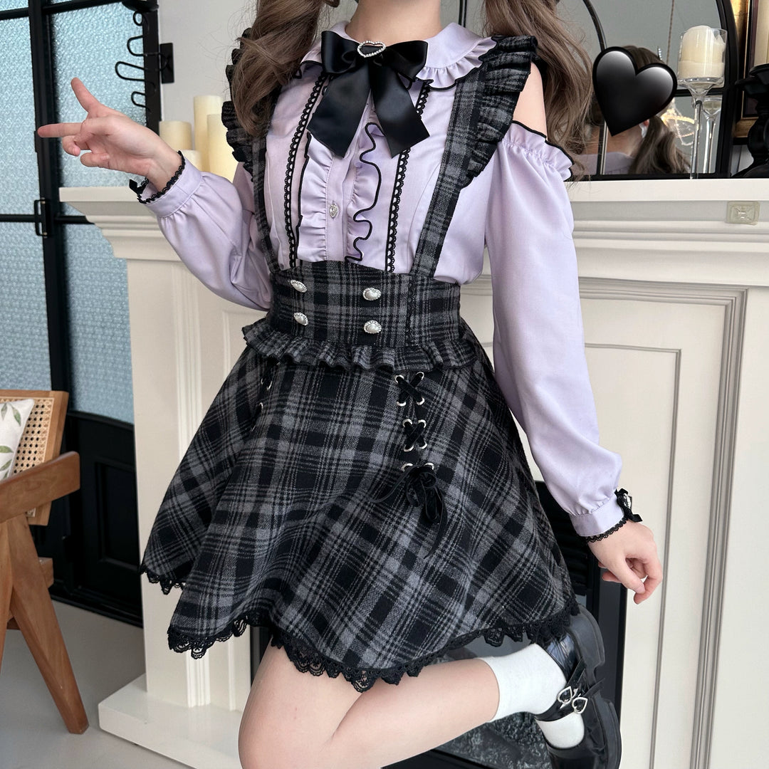 Jirai Kei Set Purple Open-Shoulder Blouse Plaid Suspender Skirt Set 33830:440732