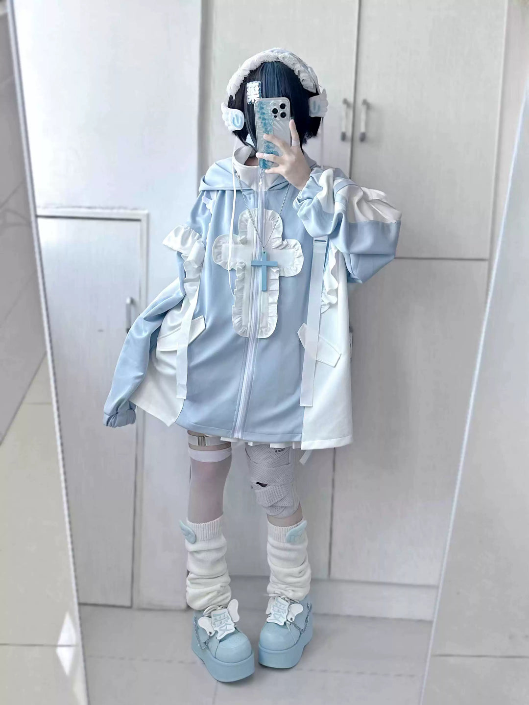 Tenshi Kaiwai Full Set Flounced Blue Cat Ears Coat & Shorts Set 39094:615436