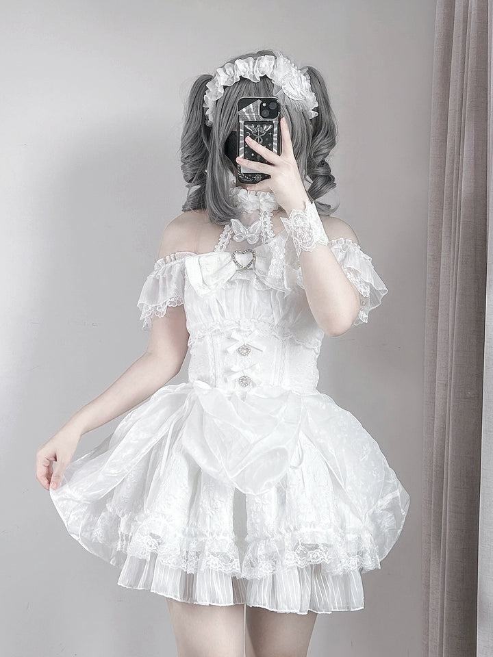 Black / White Jirai Kei Dress, Floral Lace & Halter Neck 43105:771122