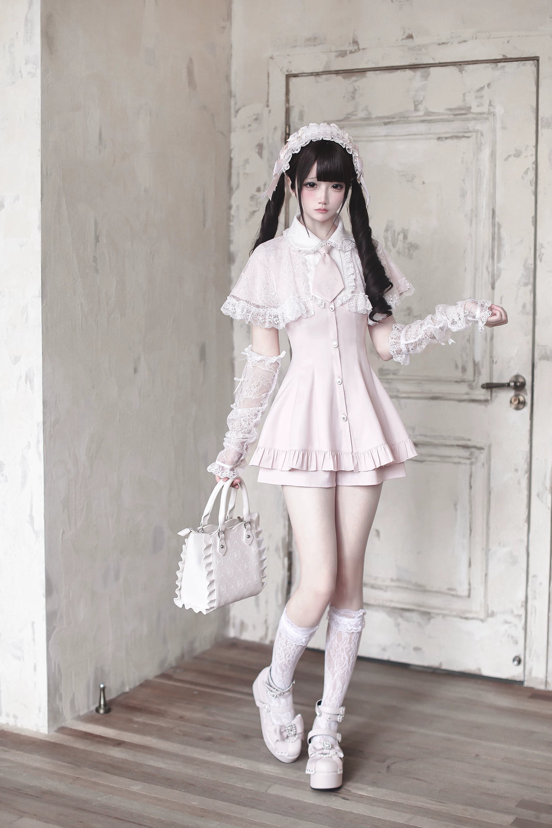 Jirai Kei Lace Shawl Dress Set, Detachable Tie 45193:840963