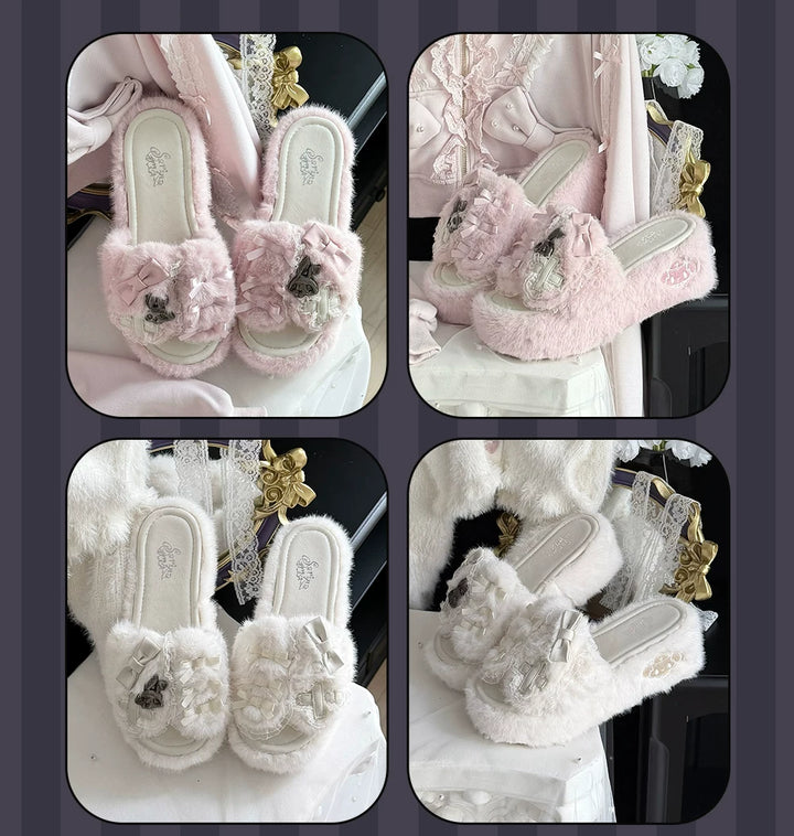 Jirai Kei Platform Wedge Slippers, Bunny Ears & Cross 46071:875433