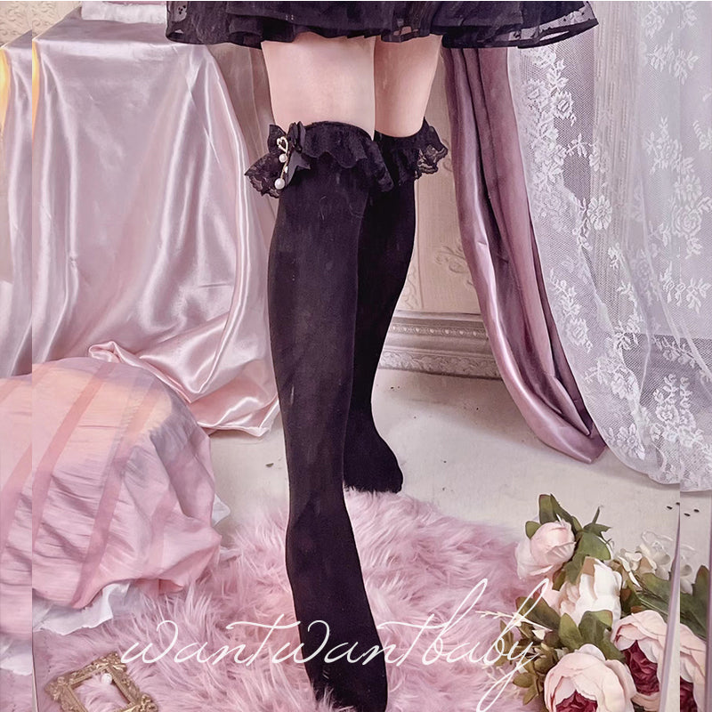 Jirai Kei Socks Black White Pink Blue Bow Lace Socks 21754:320568