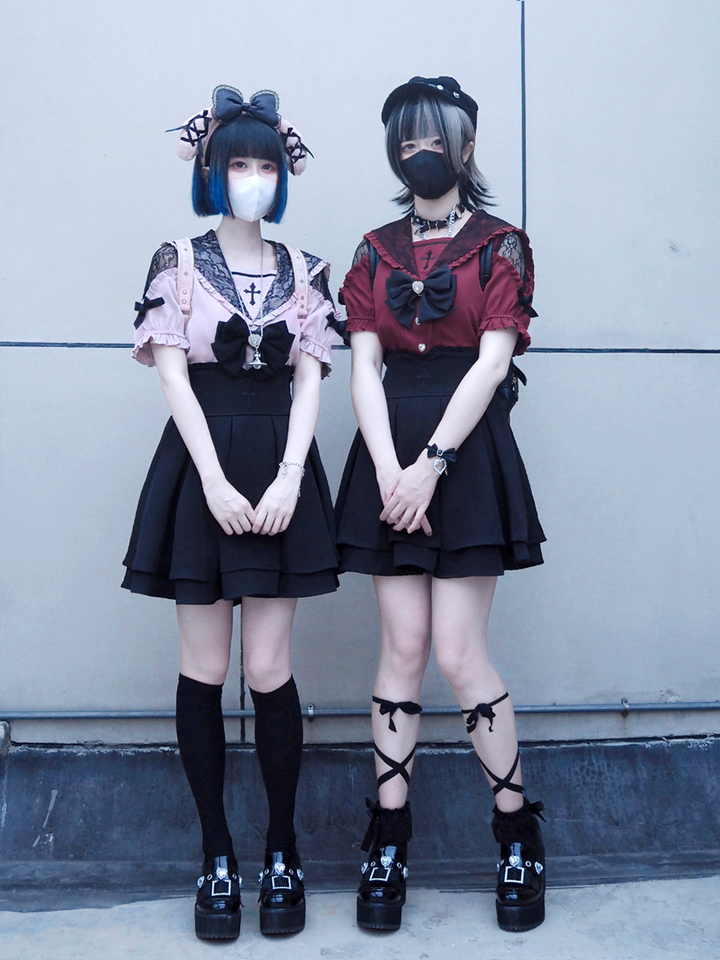 Sailor Collar Jirai Kei Blouse, High Waist Skirt, Embroidered Cross 37118:552506