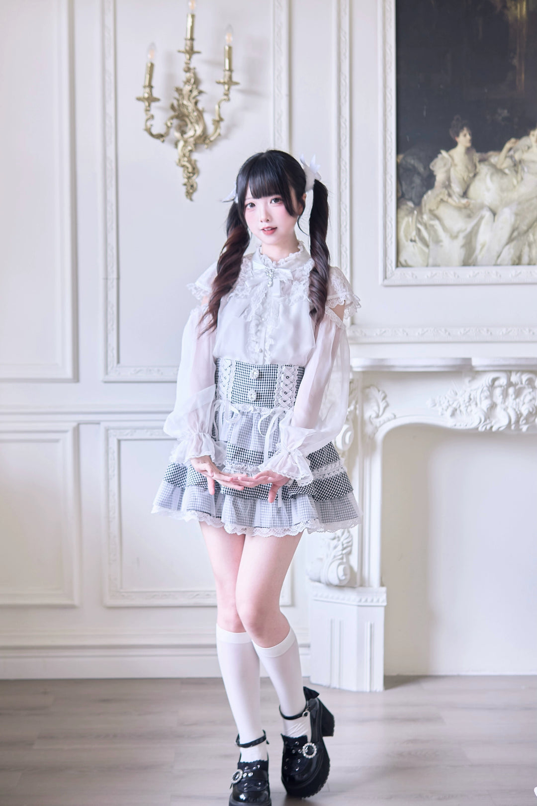 Jirai Kei Ruffle Tiered Skirt with Lace and Bows Multicolor 42894:758574