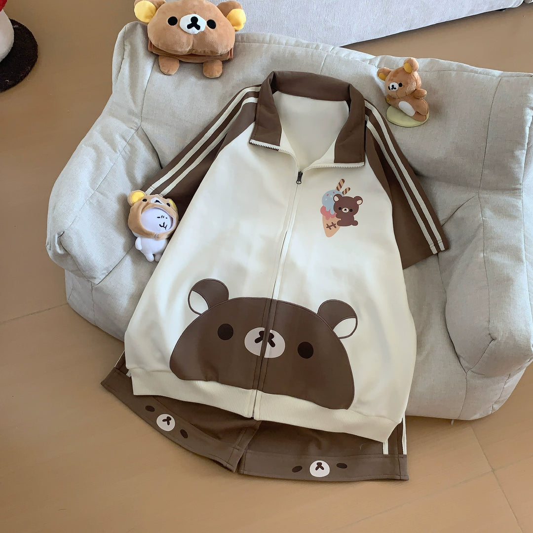 Summer Kawaii Outfit, Short Sleeve Zip-Up Sweatshirt (L M S) 43557:779721