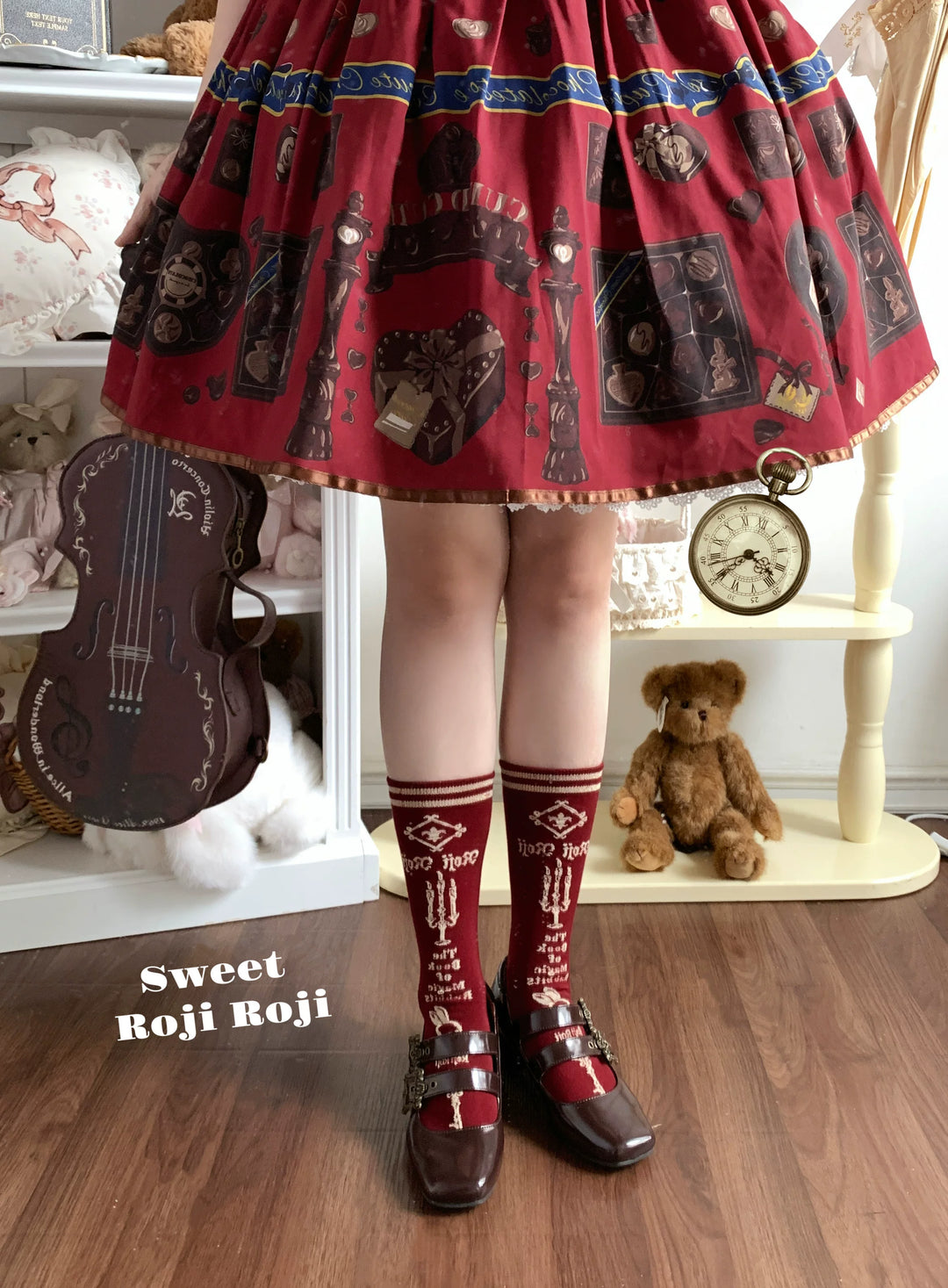 Lolita Cotton Mid-Calf Socks, Candle, Bunny & Key Patterns (Red) 44714:822227