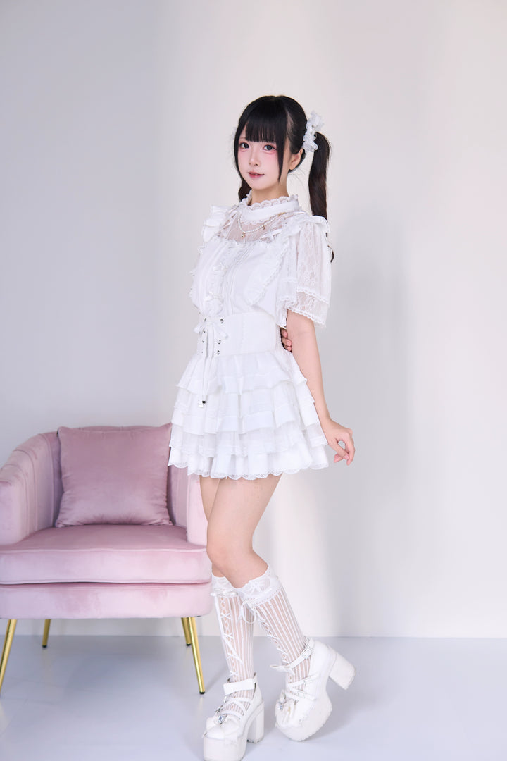 Jirai Kei Pearl Necklace Blouse, Lace-up Cake Skirt Set 43019:765673