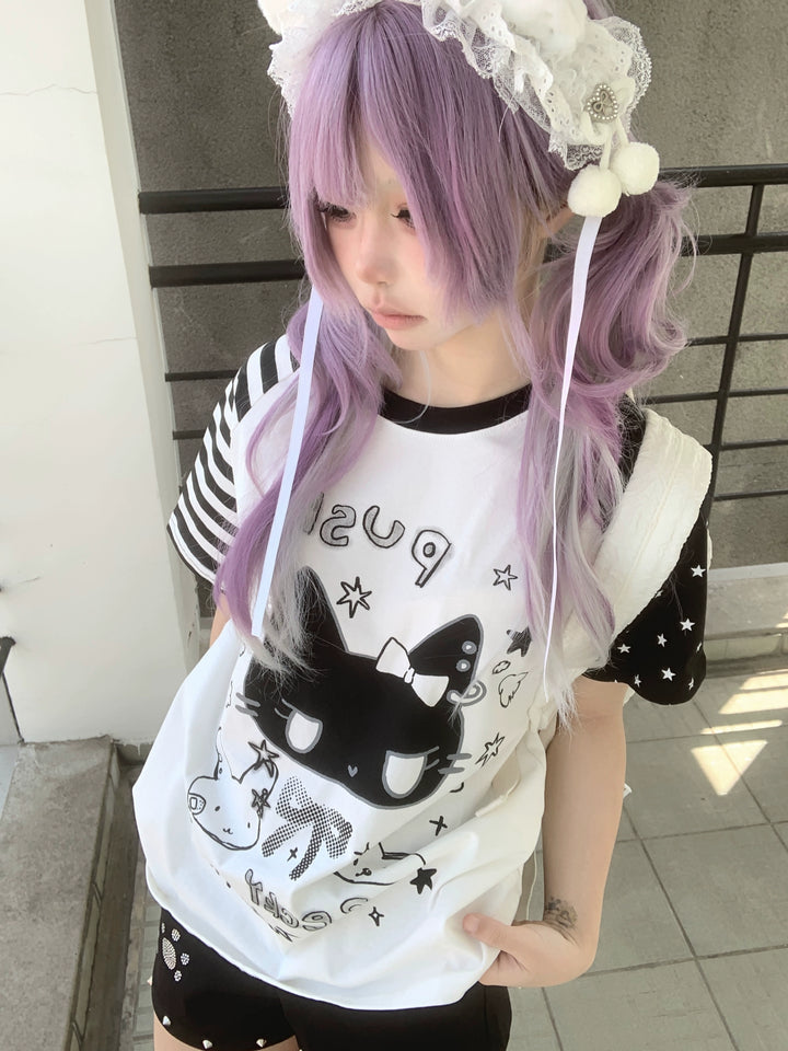 Kawaii Otaku Anime Cat Print Cotton Shirt Black & White 42851:755323