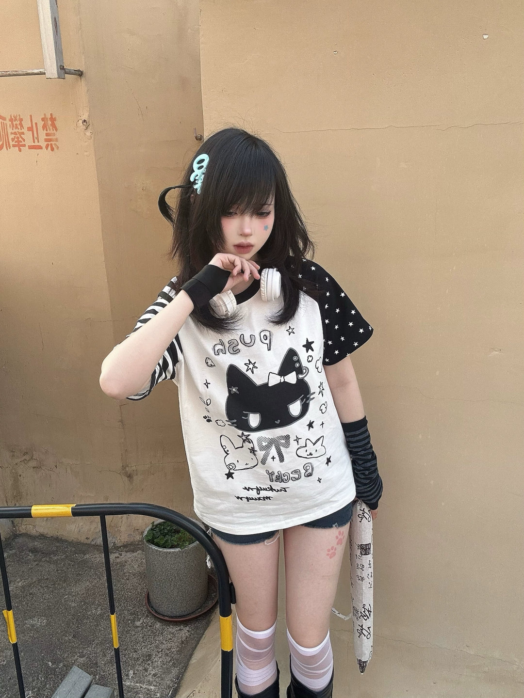Kawaii Otaku Anime Cat Print Cotton Shirt Black & White 42851:755322