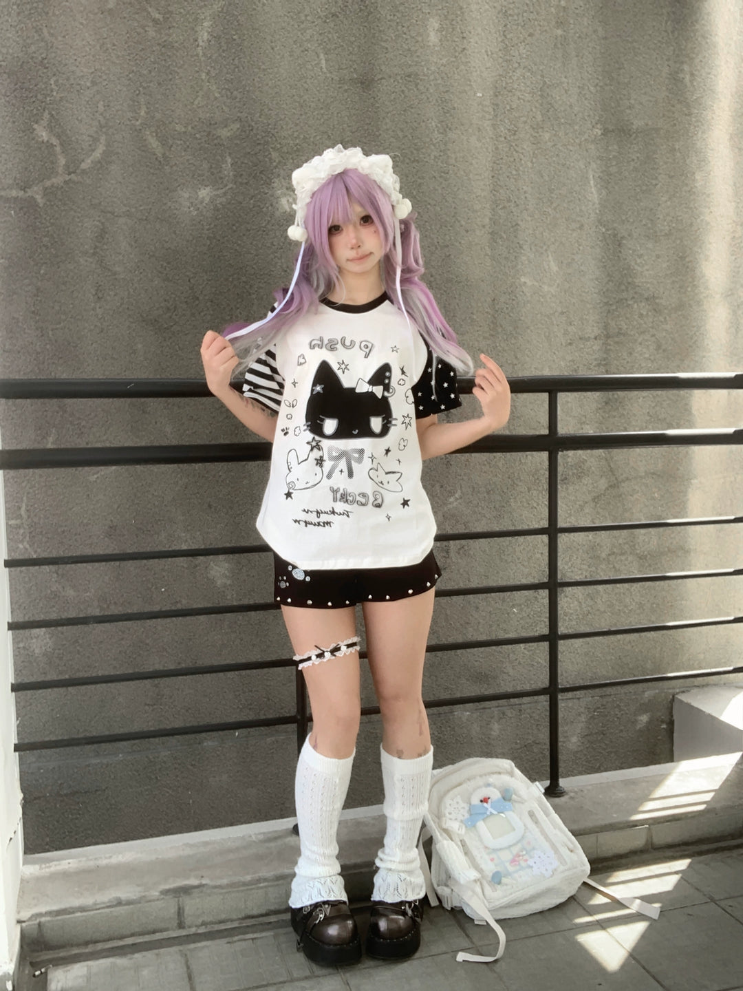 Kawaii Otaku Anime Cat Print Cotton Shirt Black & White 42851:755336