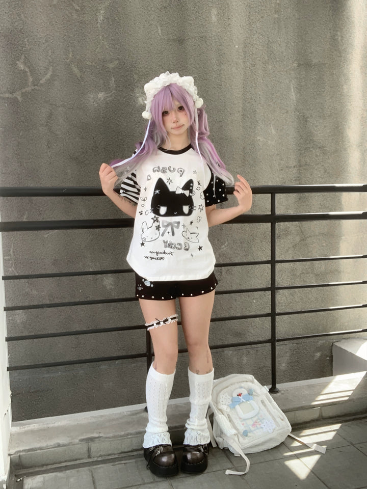 Kawaii Otaku Anime Cat Print Cotton Shirt Black & White 42851:755336