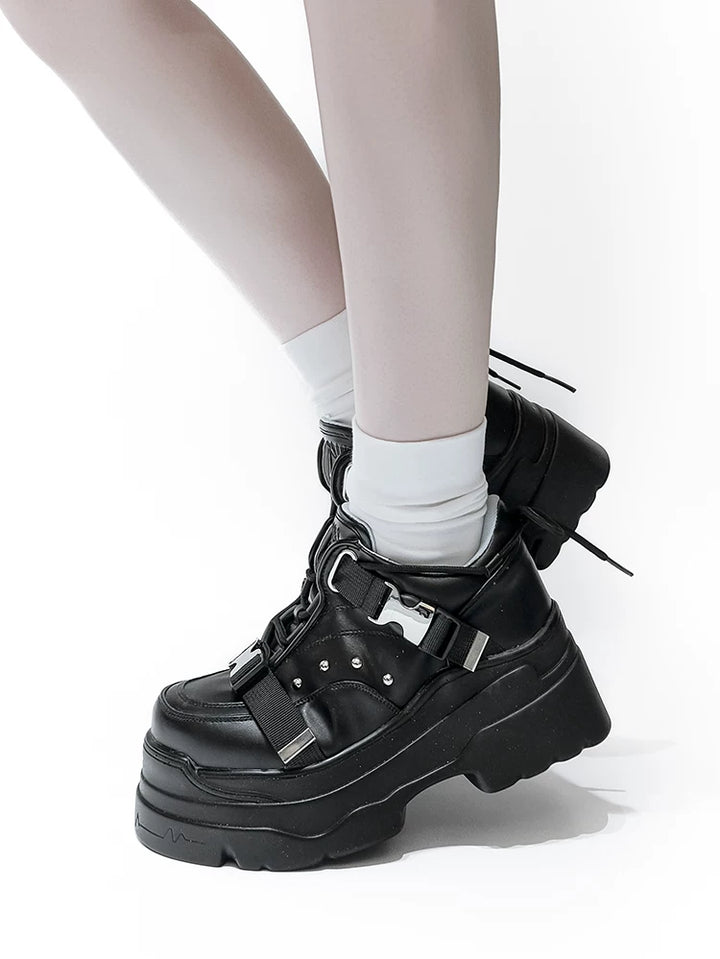 White/Black Punk High Platform Shoes, Metal Buckles 44400:807730