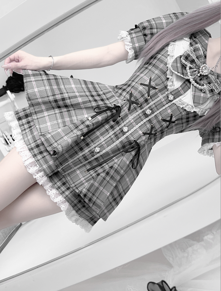 Jirai Kei Dress With Lace-Up Waist & Pocketed Shorts 43005:761694