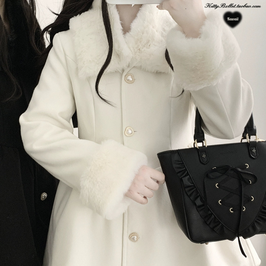 Jirai Kei Coat Detachable Fur Collar Dress Wool-like Jacket 40416:667596