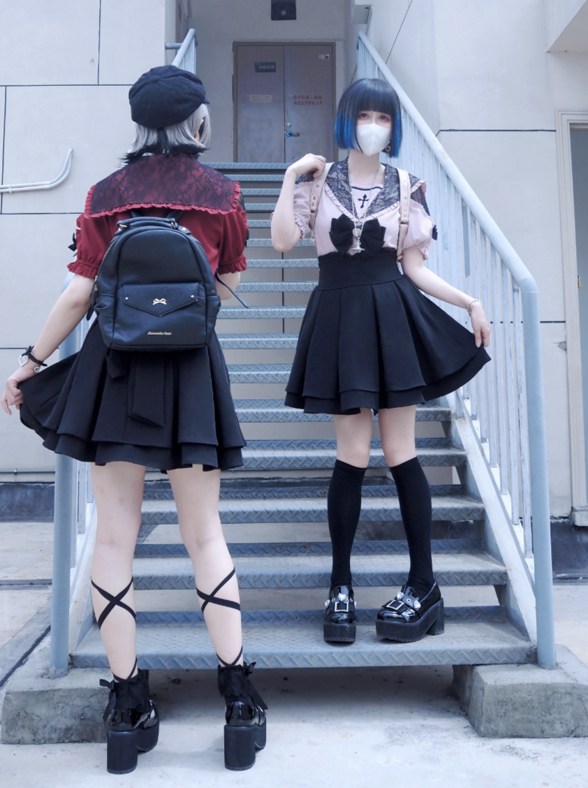 Sailor Collar Jirai Kei Blouse, High Waist Skirt, Embroidered Cross 37118:552542