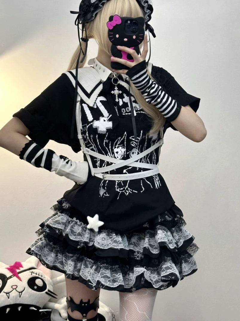 Jirai Kei Blouse Anime Top Sailor Collar Short Sleeve Top 36586:558640