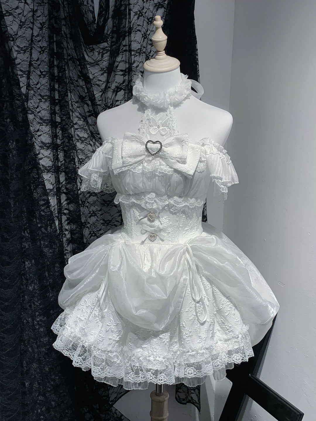 Black / White Jirai Kei Dress, Floral Lace & Halter Neck (L M S XL) 43105:765866