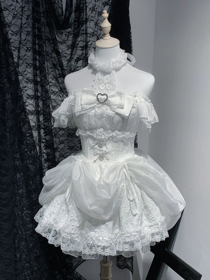 Black / White Jirai Kei Dress, Floral Lace & Halter Neck (L M S XL) 43105:765866