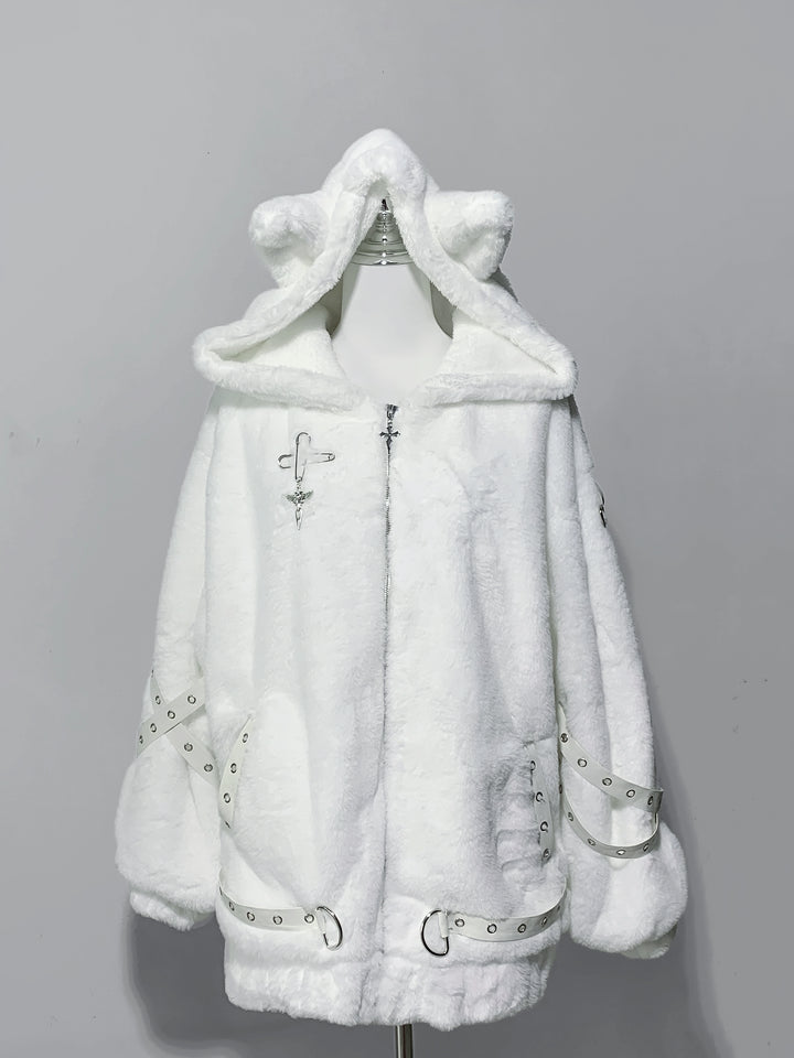 Subculture Oversized Plush Coat, Cat Ear Hood (White) 43938:791939