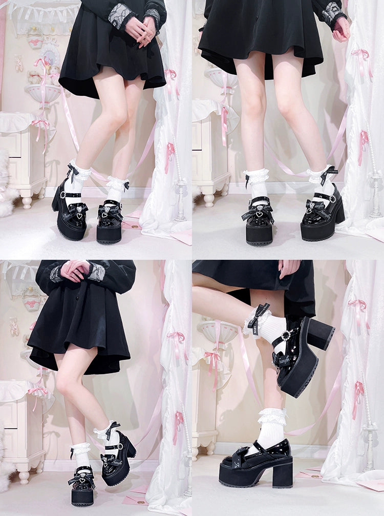 Jirai Kei Shoes Rhinestone Bow Platform Shoes With Shoe Clip 38042:594446