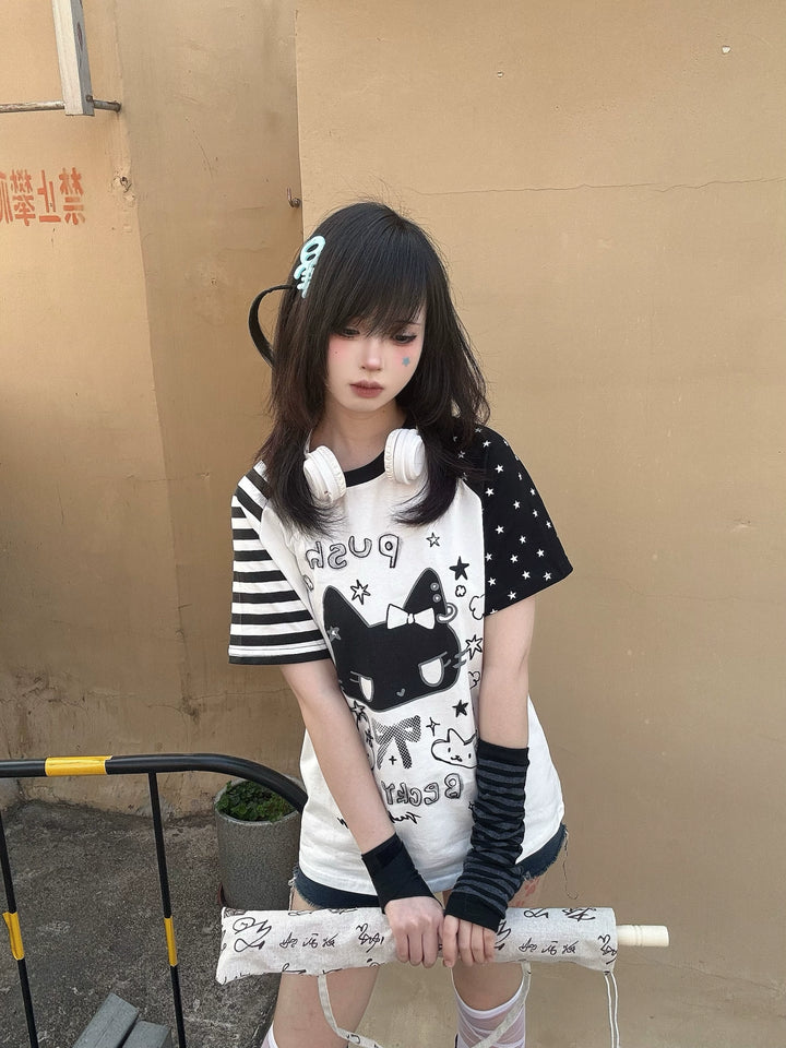 Kawaii Otaku Anime Cat Print Cotton Shirt Black & White 42851:755312