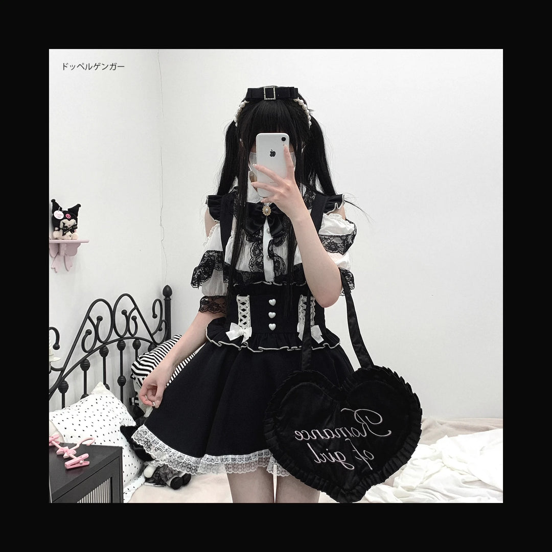 Jirai Kei Shirt Lace Double Layer Short Sleeve Open Shoulder Blouse (White / Preorder) 35374:529746