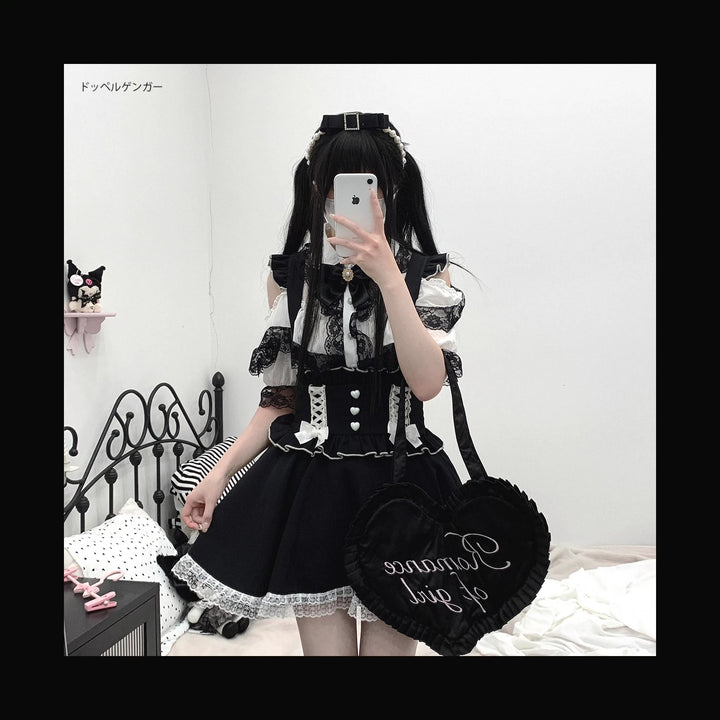 Jirai Kei Shirt Lace Double Layer Short Sleeve Open Shoulder Blouse (White / Preorder) 35374:529746