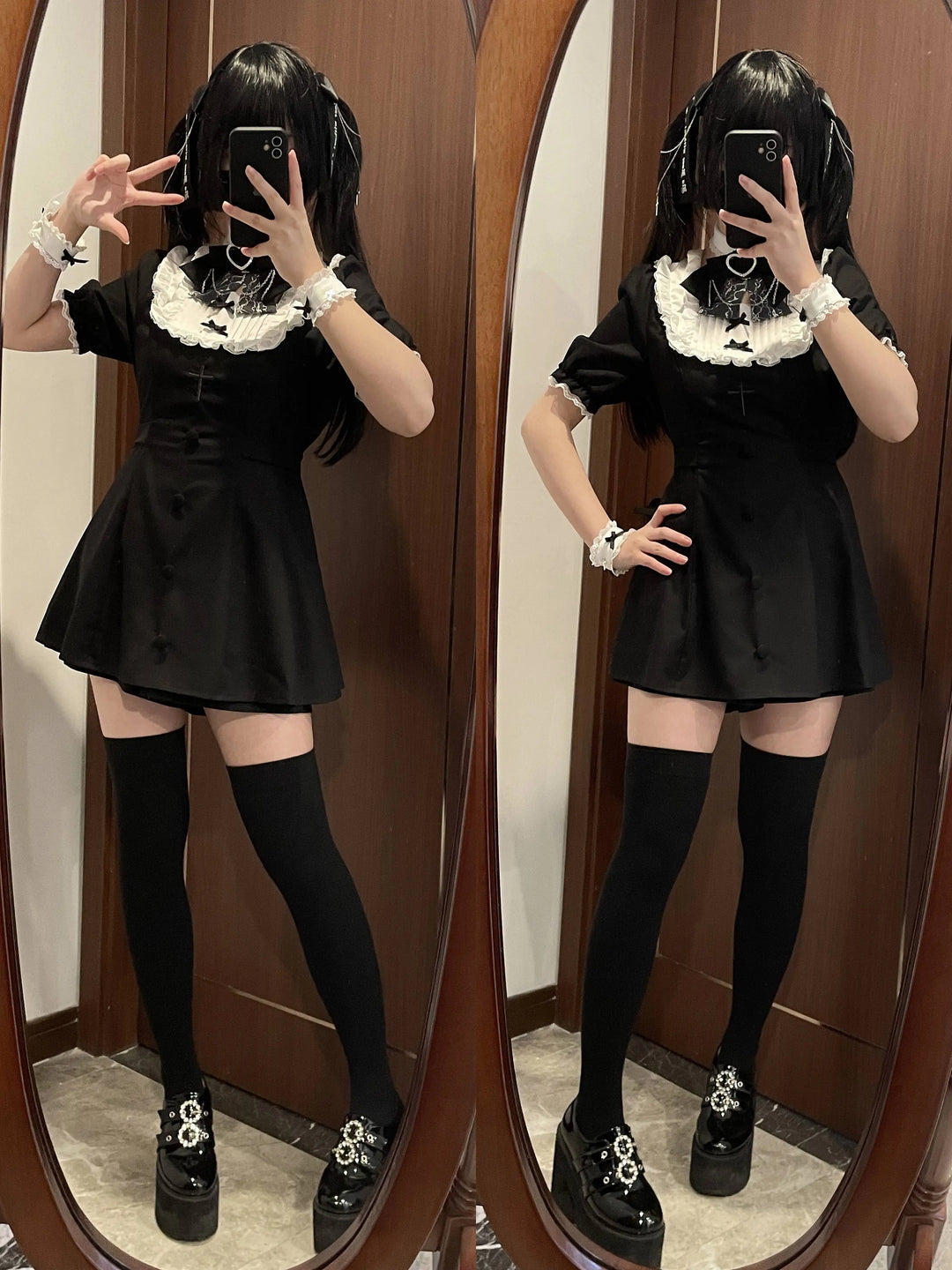 Jirai Kei Dress Set Short-sleeved Lace Knot Bow Dress Shorts (2XL 3XL 4XL L M S XL XS) 35108:483250