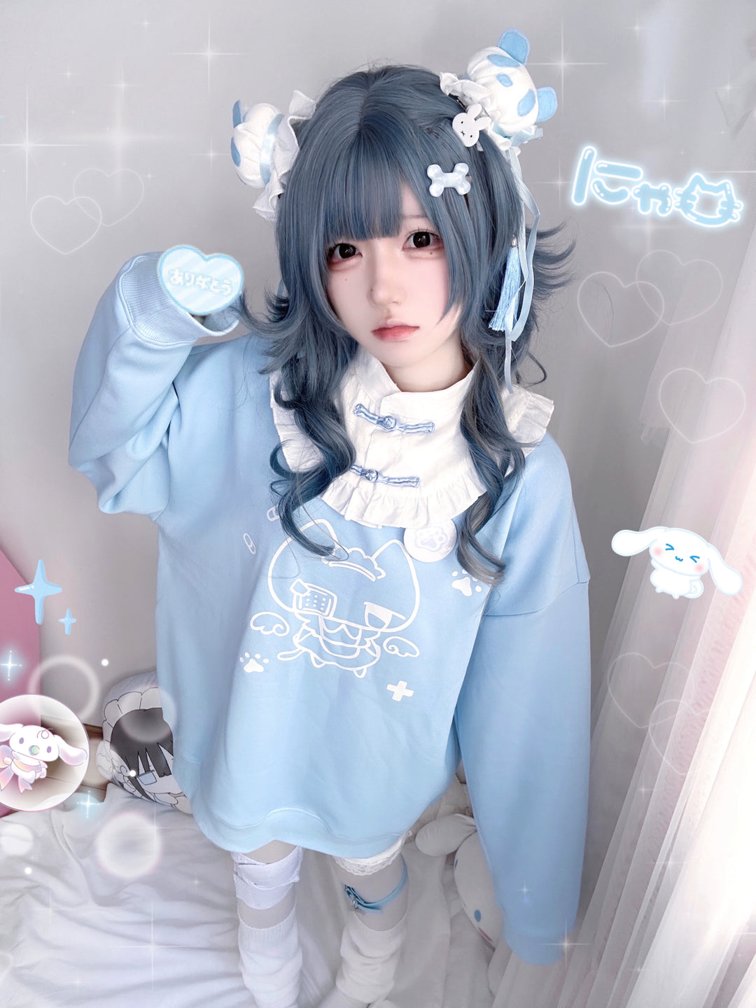 Jirai Kei Sweatshirt Cat Print Chinese Knot Button Top 29252:353900