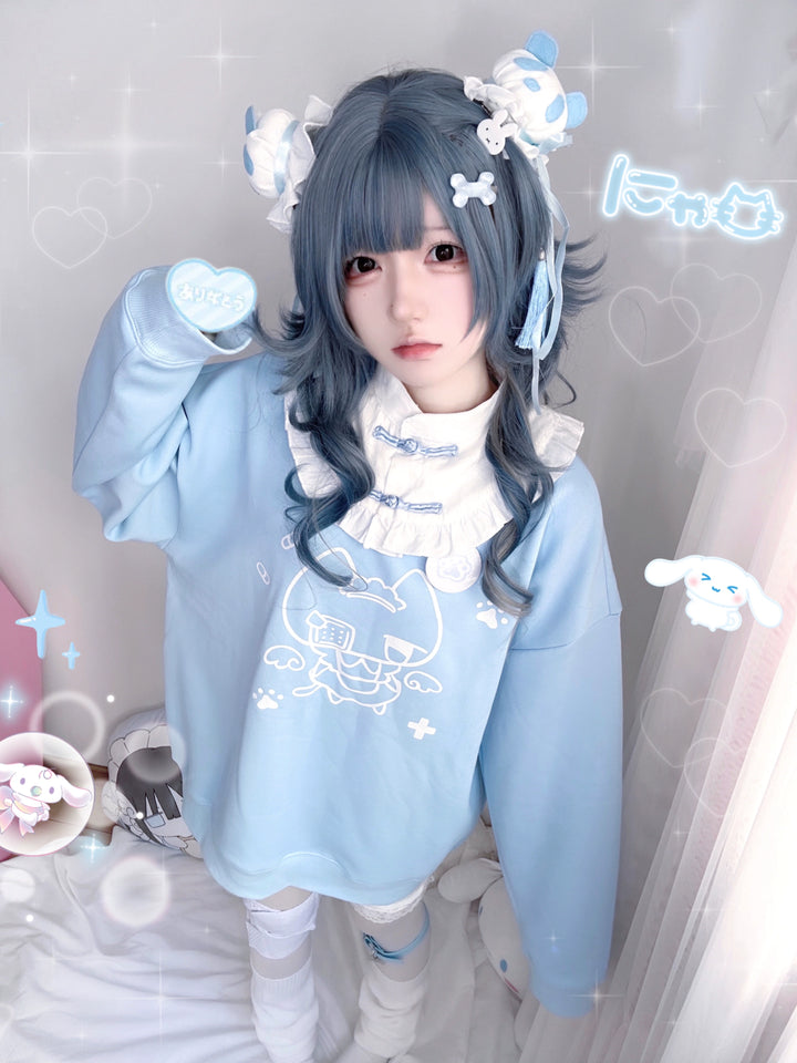 Jirai Kei Sweatshirt Cat Print Chinese Knot Button Top 29252:353900