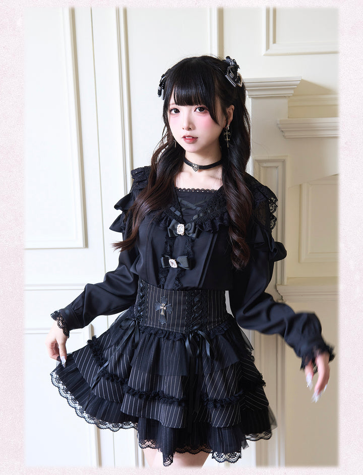 Sailor Collar Jirai Kei Blouse with Tulle Shoulder and Lace Frill 42523:744436