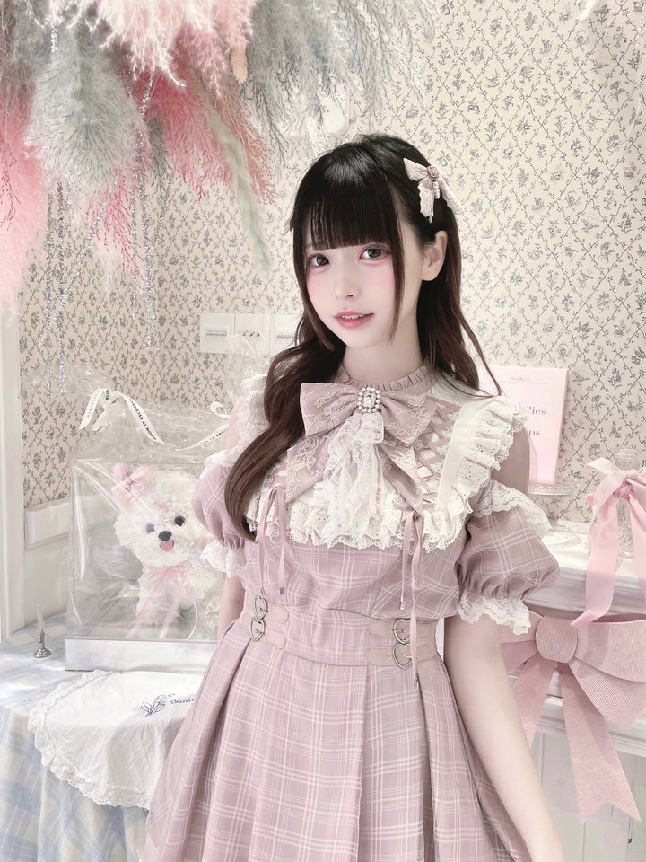 Pink Ryousangata Dress, Lace Trim & Square Rhinestone Bow 43193:770318