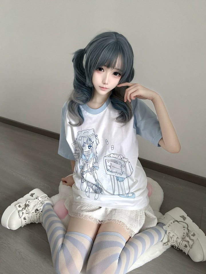 Cotton Jirai Kei T-shirt with Bandaged Girl & ECG Print 42906:757312