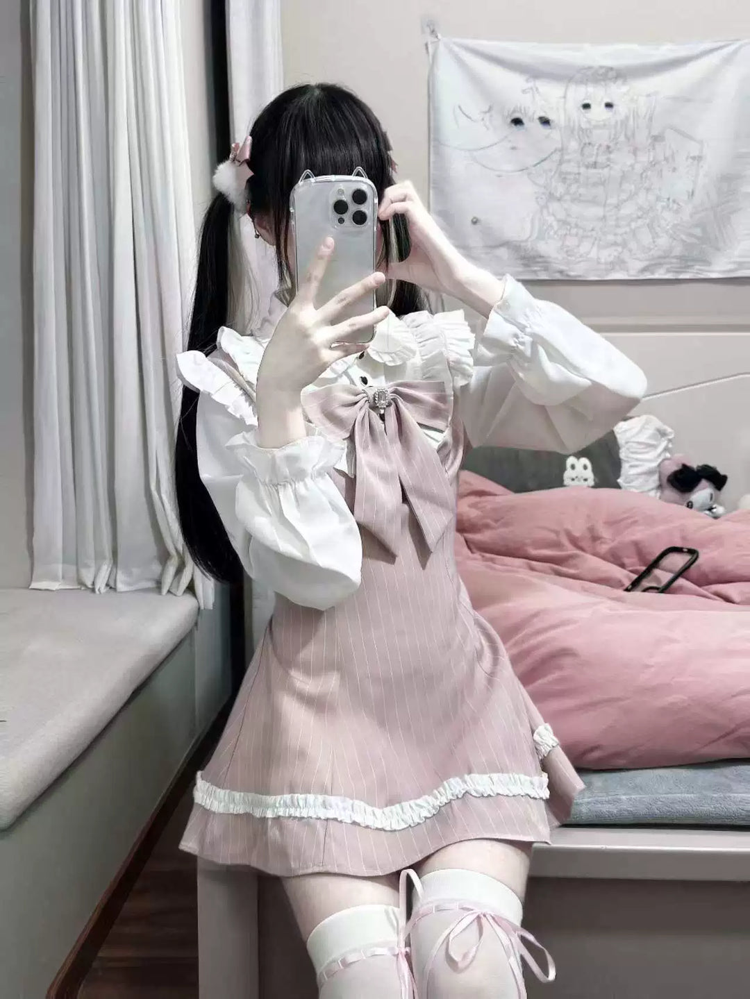 Pink Striped Jirai Kei Dress, Mock Two-Piece 44892:826619
