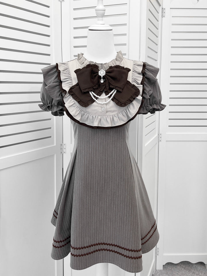 Striped Jirai Kei Dress,Thigh Length, Detachable Bowtie (L M S) 43574:780064