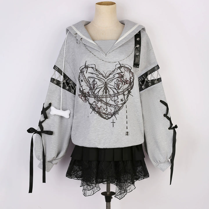 Jirai Kei Outfit Set Gothic Sailor Collar Hoodie Skirt Set (L M S) 35762:517376