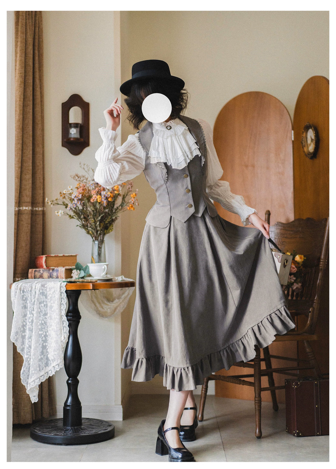 Classic Lolita A-Line Skirt + Button-Front Vest + White Blouse 40944:770412