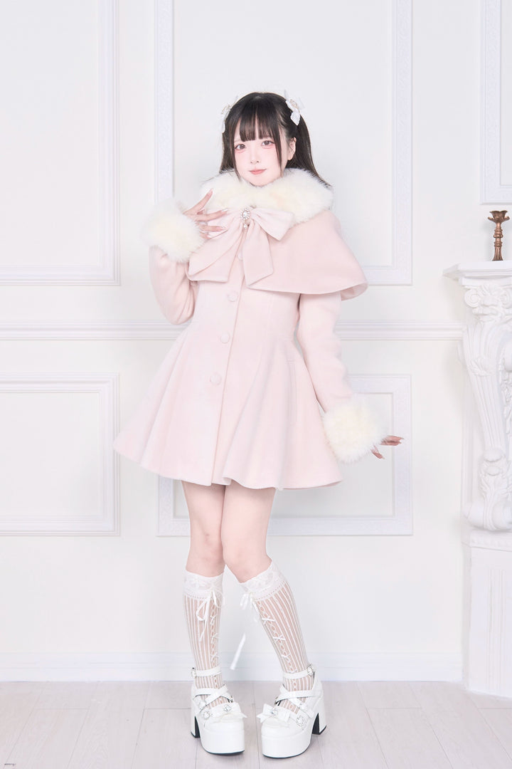 Jirai Kei Winter Coat, Faux Fur Trim, Detachable Cape 44066:794455
